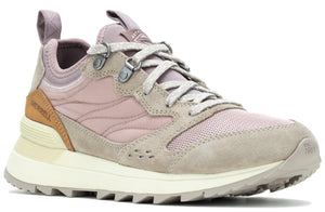 Lavender walking shoe with light beige sole and laces; brown heel patch with Merrell logo; EST 1981 on the side.