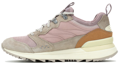A low-profile athletic shoe in hues of gray, rose, and tan, featuring a mixed material upper with a cushioned midsole.