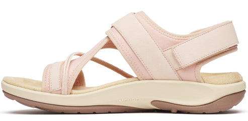A women's pink sandal with a tan sole.
