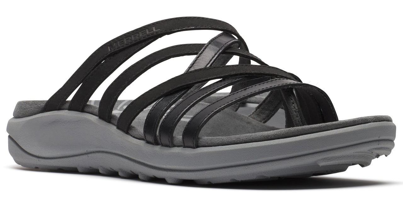 Gray sandal with multiple black straps.