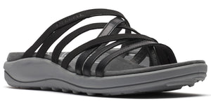 Gray sandal with multiple black straps.