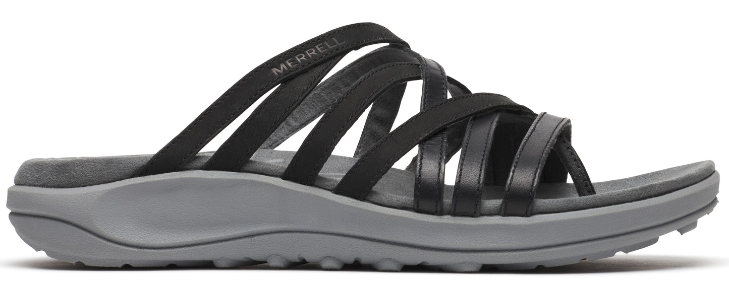 Black sandal with multiple straps and a gray sole.