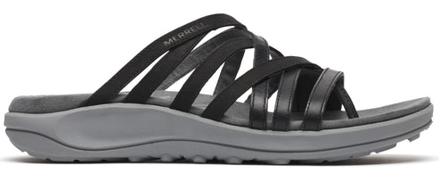 Black sandal with multiple straps and a gray sole.