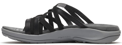 A black strappy sandal with gray soles.