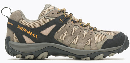 A tan trail shoe with black accents and brown laces.