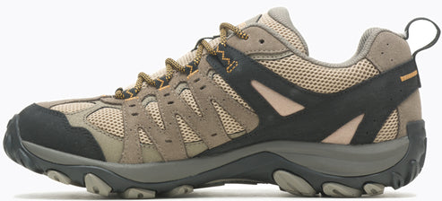 A low-cut hiking shoe in shades of brown, tan, and black with patterned laces.