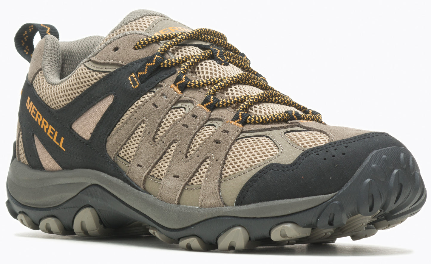 Tan and black low profile hiking shoe with brown laces.