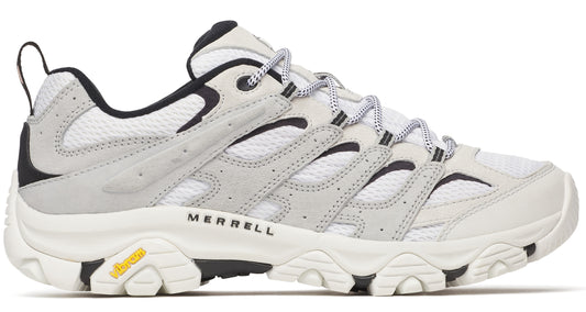 Low-top athletic shoe with a mesh and leather upper, light gray and white panels, black accents, and a lugged sole. "MERRELL" is visible in black lettering along the side.