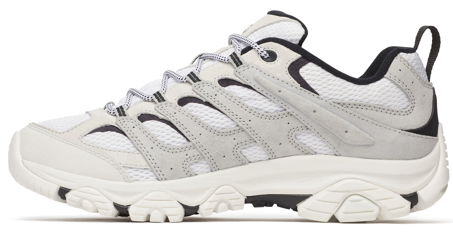 White athletic shoe with white laces and black lining.