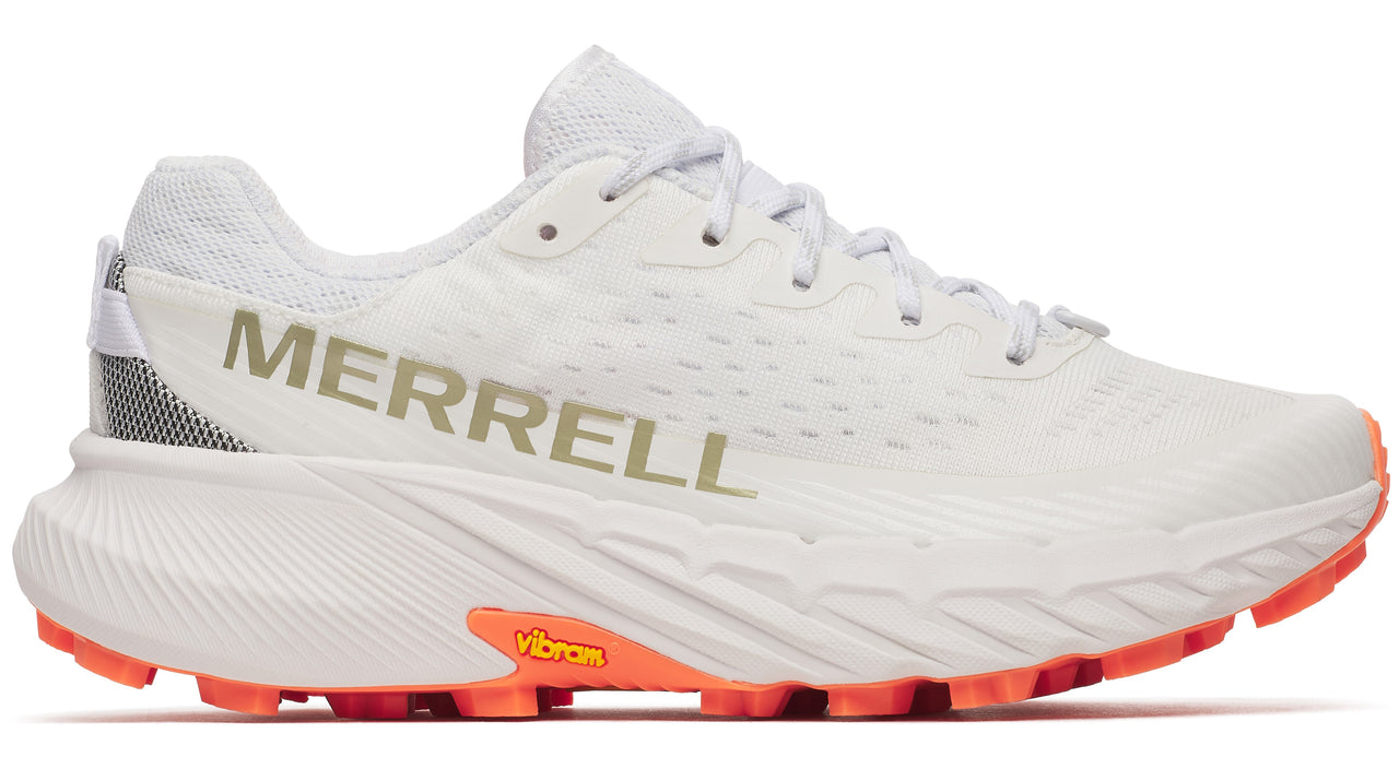 A white running shoe with the word MERRELL on the side and a bright orange sole.