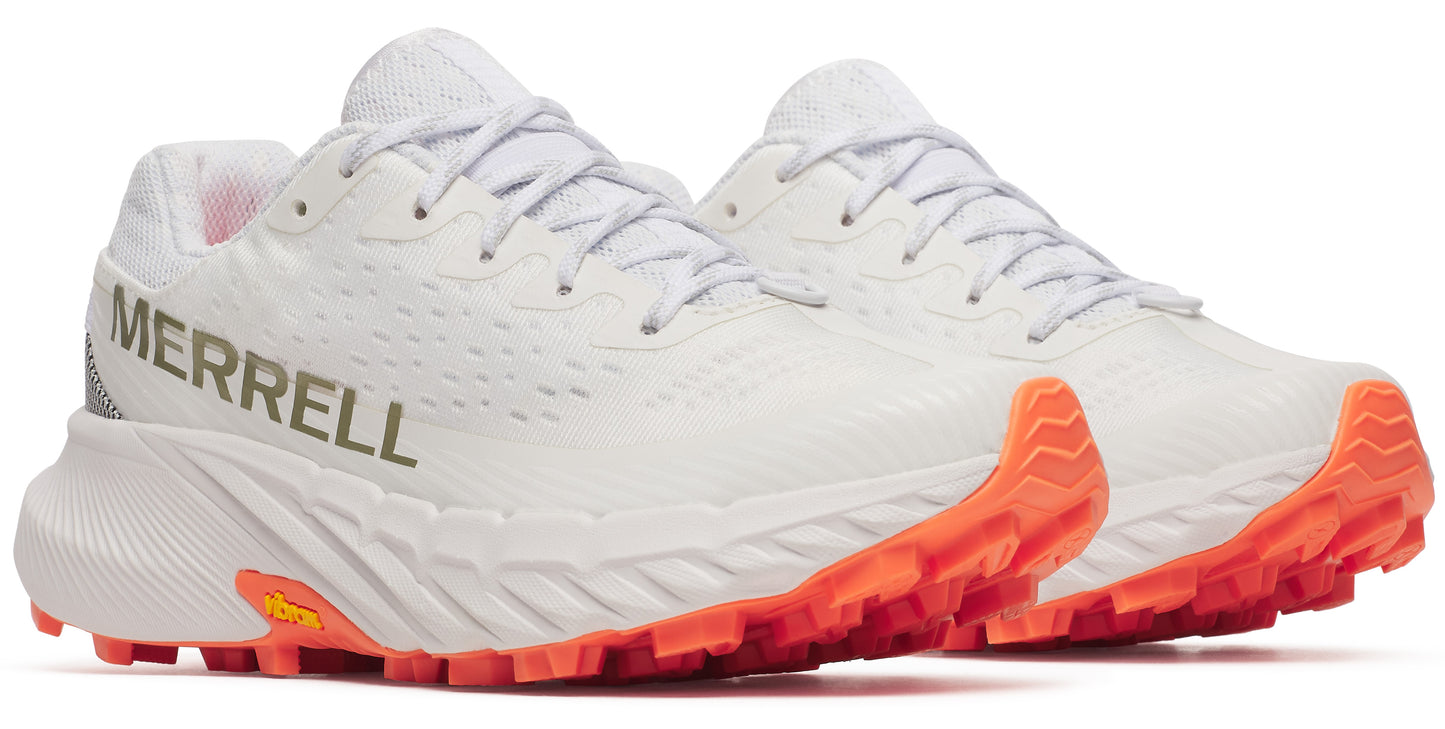 Pair of white running shoes with orange soles, "MERRELL" on side.