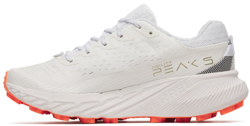 Off-white sneaker with orange soles and the text 'ABILITY PEAKS 5' on the side.