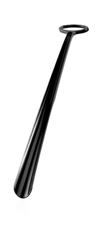 Black long-handled shoehorn with a round loop at the top.