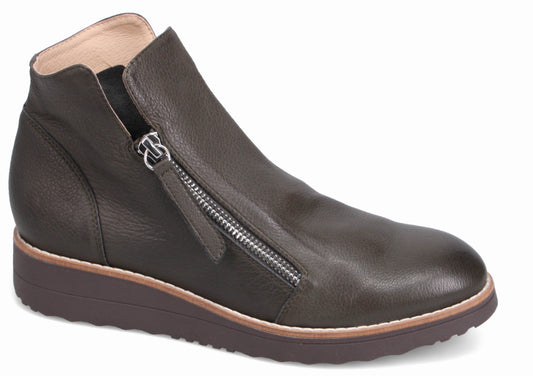 Dark brown leather ankle boot with zipper.