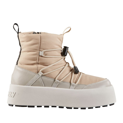 Beige ankle-high platform snow boot with laces and zipper.