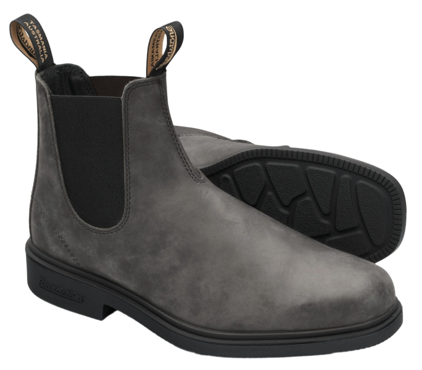 Pair of gray leather Chelsea boots with elastic sides and black soles.