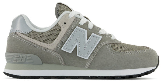 Gray sneaker with white laces and a large "N" on the side.