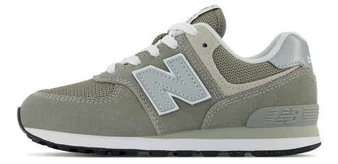 A gray New Balance sneaker with a white 'N' logo and white laces.