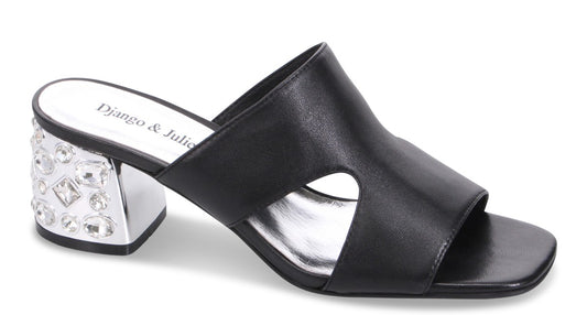 Black leather slide-on mule with silver, gem-studded block heel. Django & Juliette text printed on the insole.