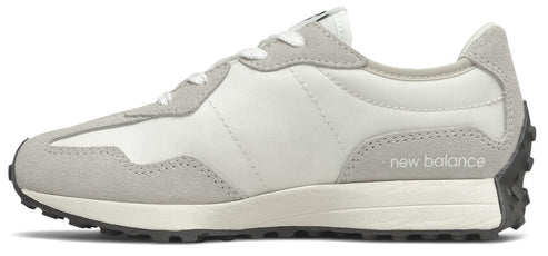 A white and grey sneaker with the words "new balance" printed on the side.