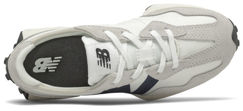 A New Balance sneaker featuring white, gray, and dark blue color scheme, with the 'NB' logo visible.