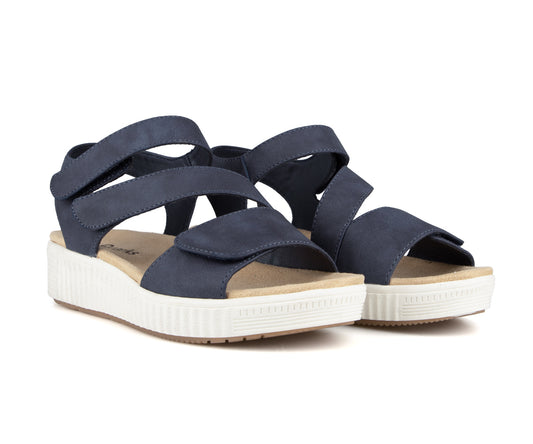 Navy platform sandals with hook-and-loop straps