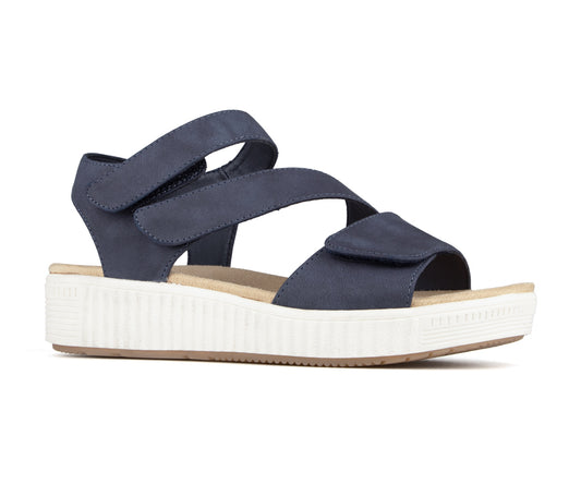 Navy platform sandal with three adjustable velcro straps.
