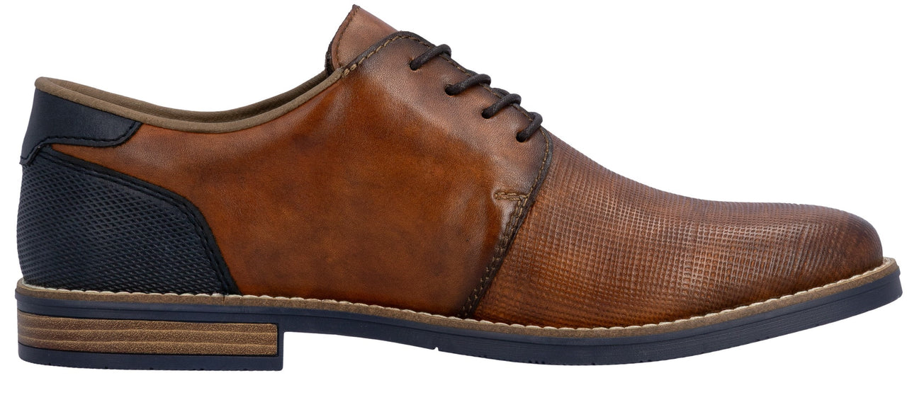 A brown leather dress shoe with dark laces.
