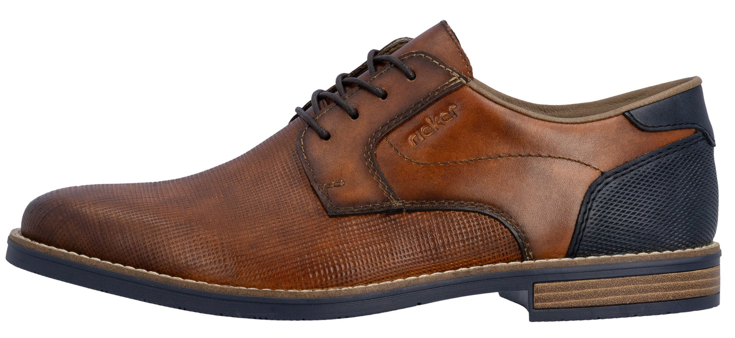 A brown leather dress shoe with a dark blue heel and sole.