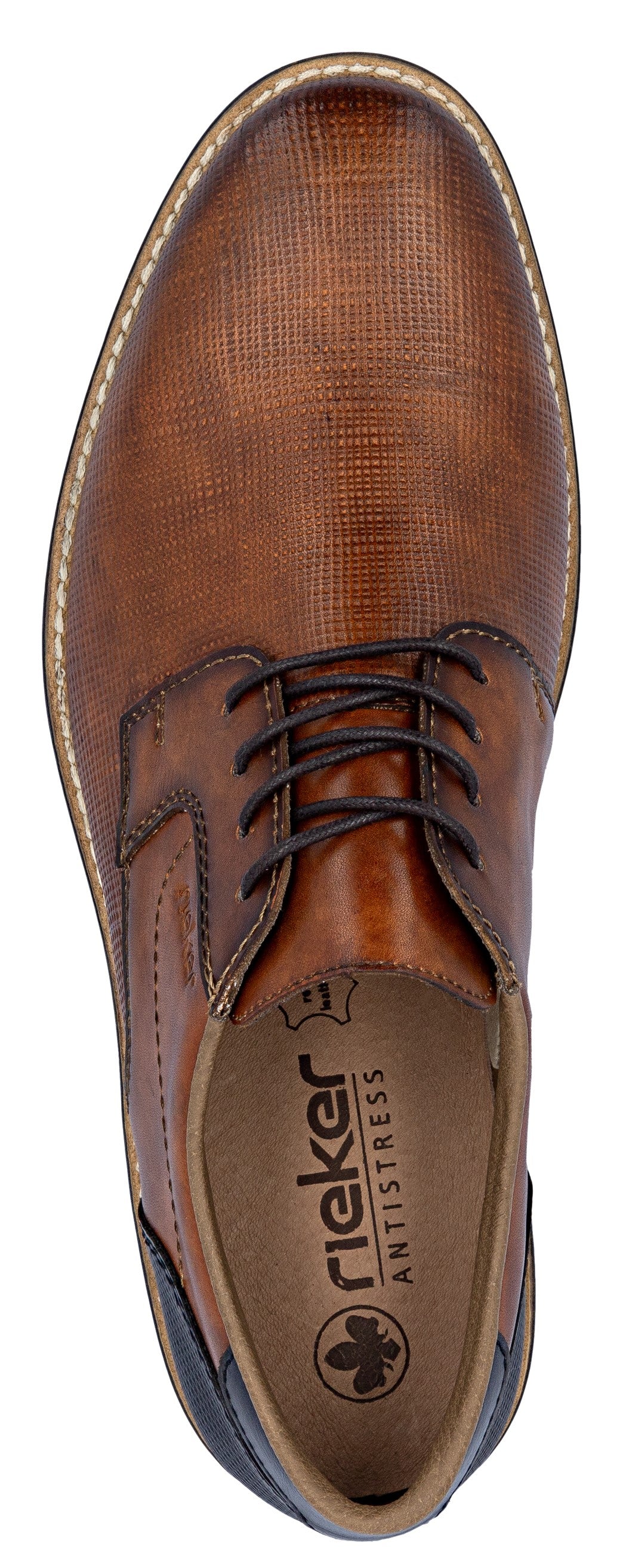 Brown leather dress shoe with black laces and dark leather heel.