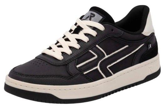 Black sneaker with white laces and trim, and a logo.