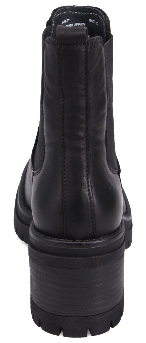 A black ankle boot with a chunky heel.