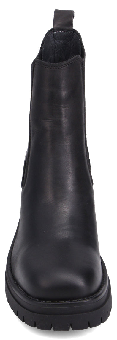 Front view of a black Chelsea boot with a chunky lug sole.