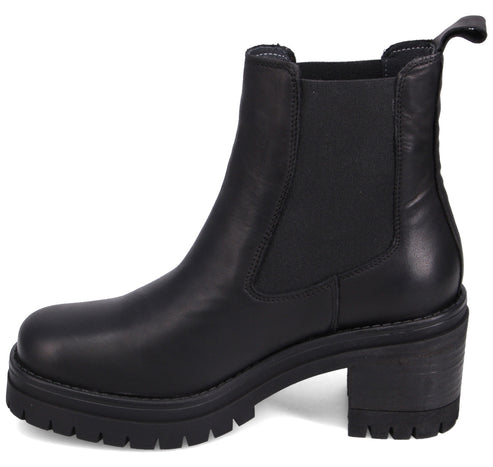 Black leather Chelsea boot with a thick lug sole and block heel.