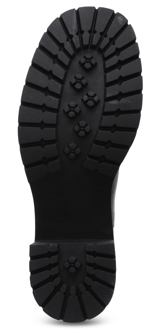 The textured black sole of a boot.