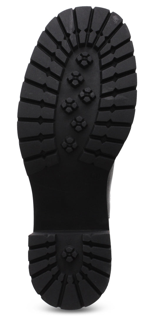 The textured black sole of a boot.