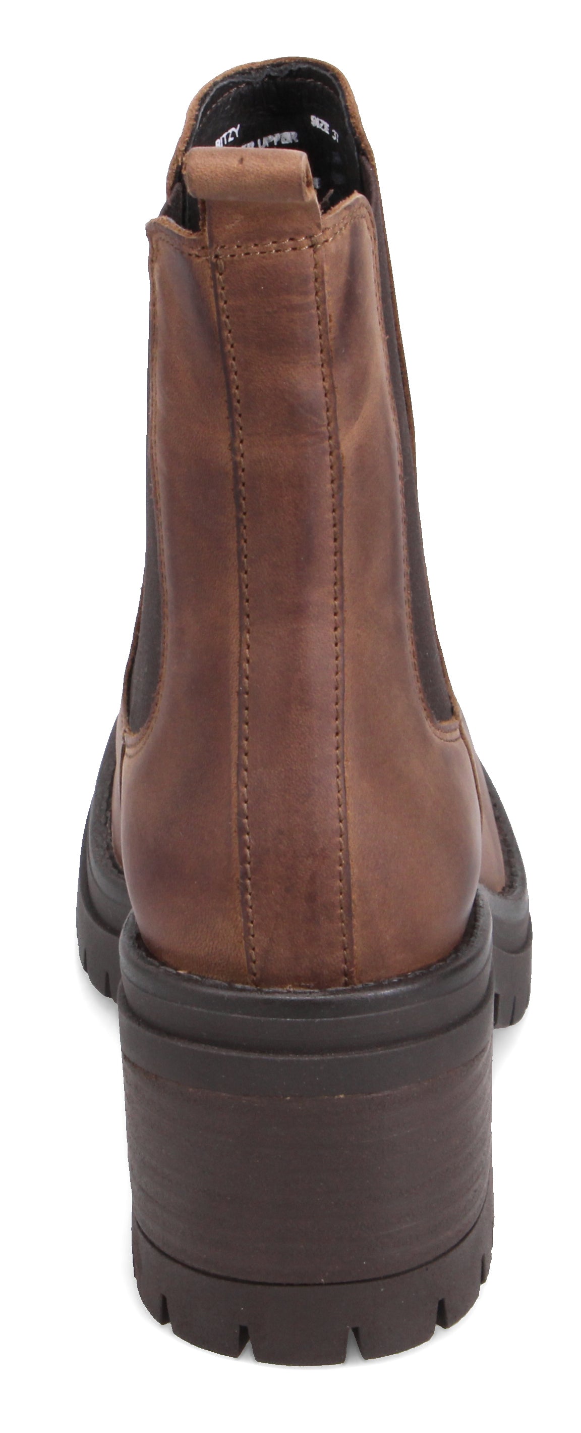 Back view of a brown Chelsea boot with a chunky heel.