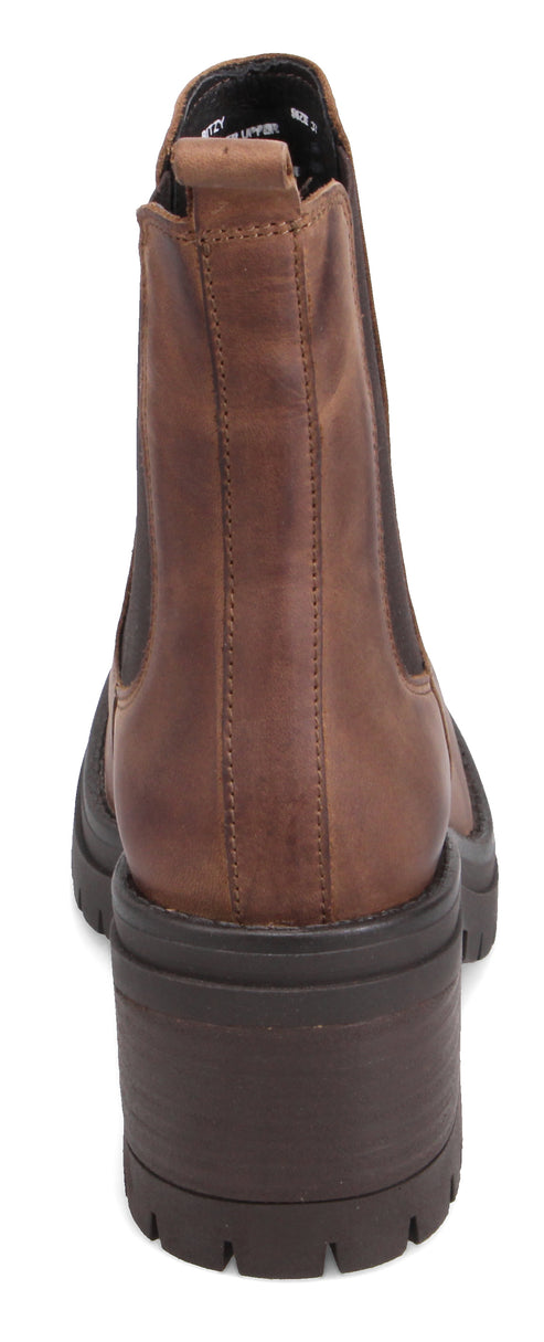 Back view of a brown Chelsea boot with a chunky heel.