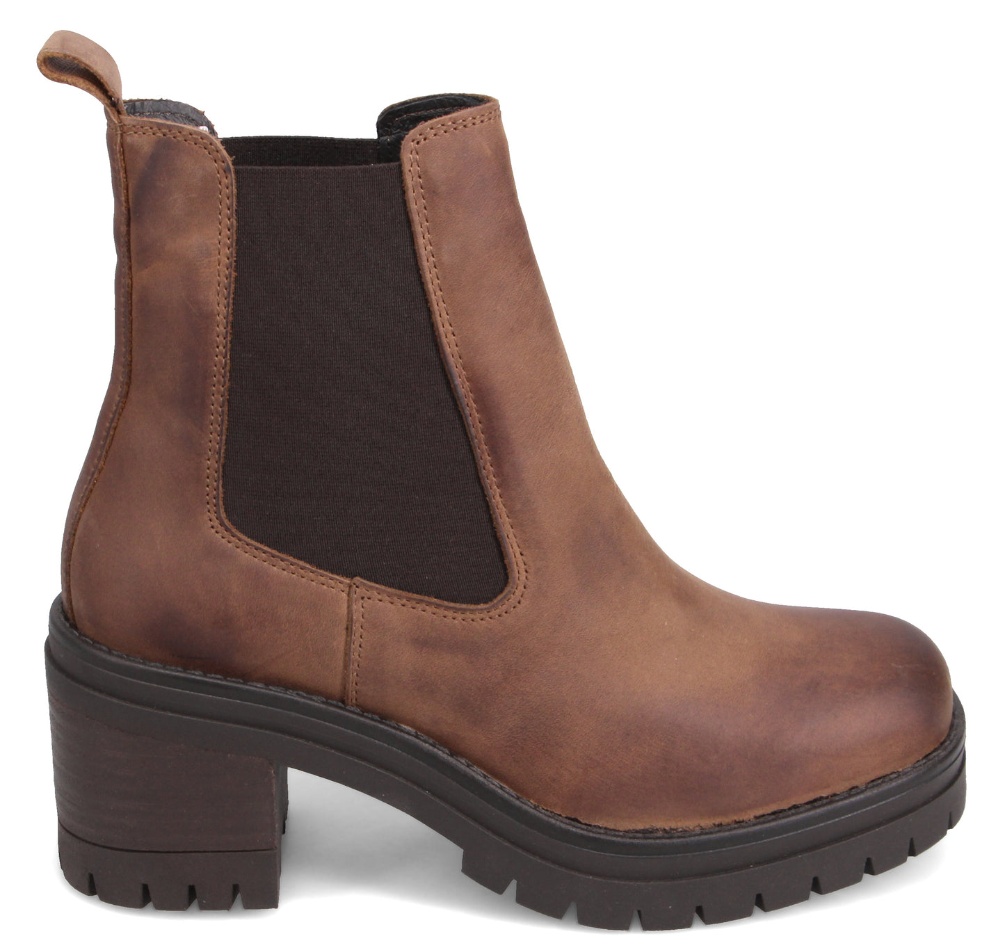 A brown Chelsea boot with a lug sole and heel.