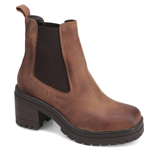 Brown leather Chelsea boot with a chunky heel and lug sole.