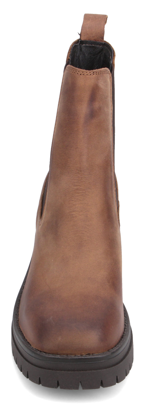 Front view of a brown, leather Chelsea boot with a thick, lug sole.