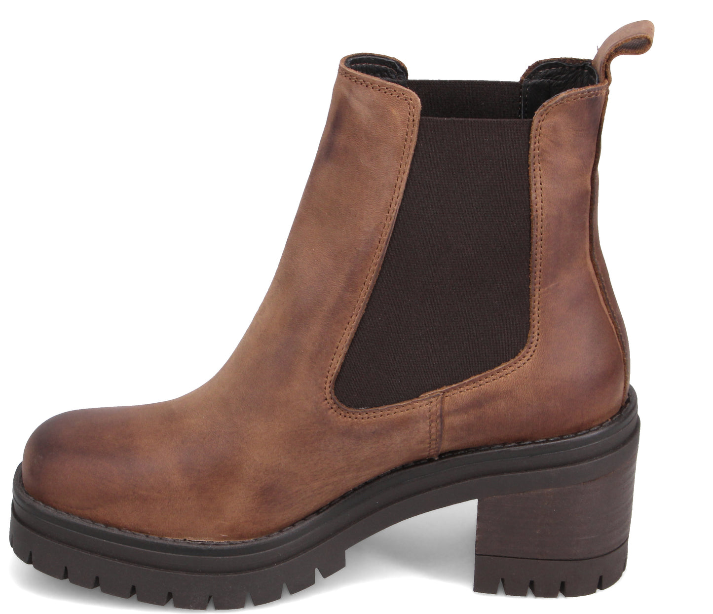 Brown leather Chelsea boot with thick lug sole and block heel.