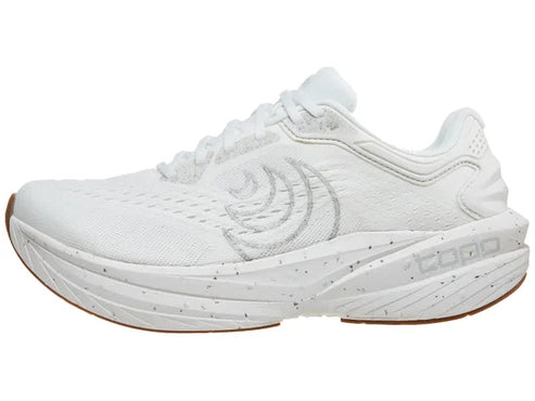 A white running shoe with a brown sole and a speckled white midsole.