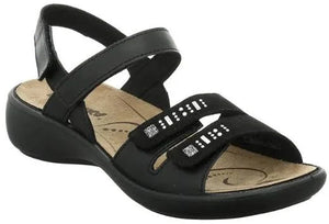 Black sandal with two straps across the foot and an ankle strap.