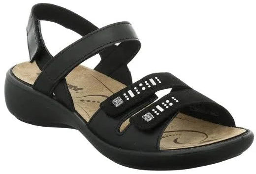 Black sandal with two straps across the foot and an ankle strap.