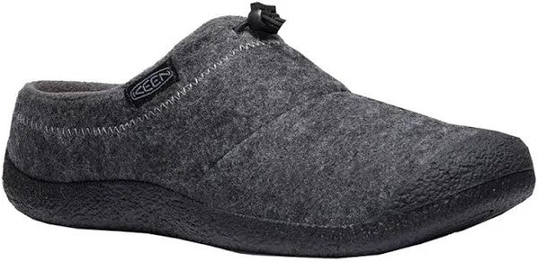 A gray, wool-like slipper with black soles and a black cord cinch on top.
