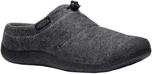 A gray, wool-like slipper with black soles and a black cord cinch on top.