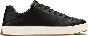A black leather sneaker with a white sole.