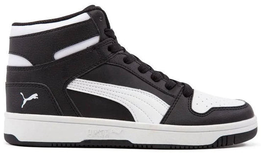 Black and white high-top sneaker with white stripe and white sole.