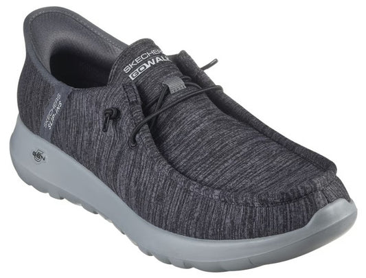 Gray boat shoe with elastic laces and the text "SKECHERS GOWALK" visible on the tongue.